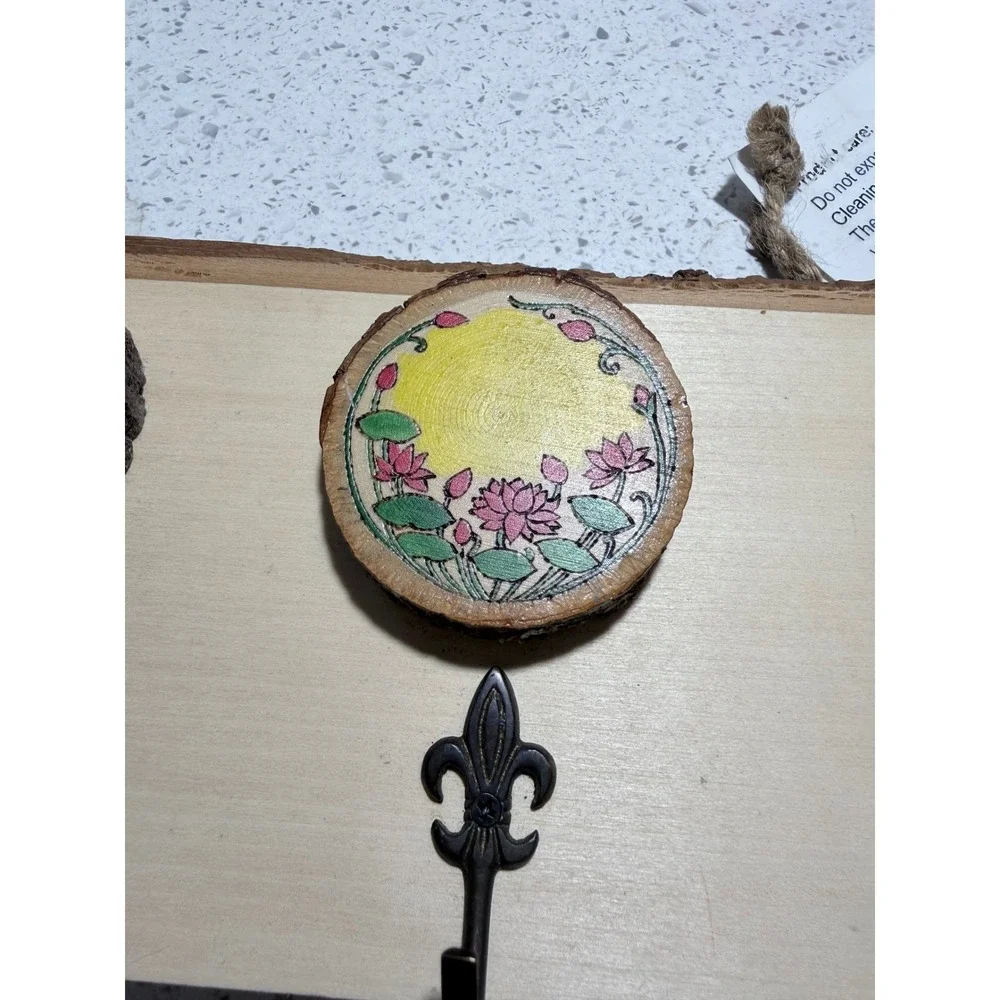 Boho Artisan Wood Slice Wall Hook Rack Hand Painted Elephant Peacock Decor